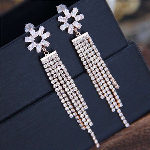 Shining Tassel Cubic Zirconia Flower Design Korean Fashion Copper Women Earrings - Rose Gold