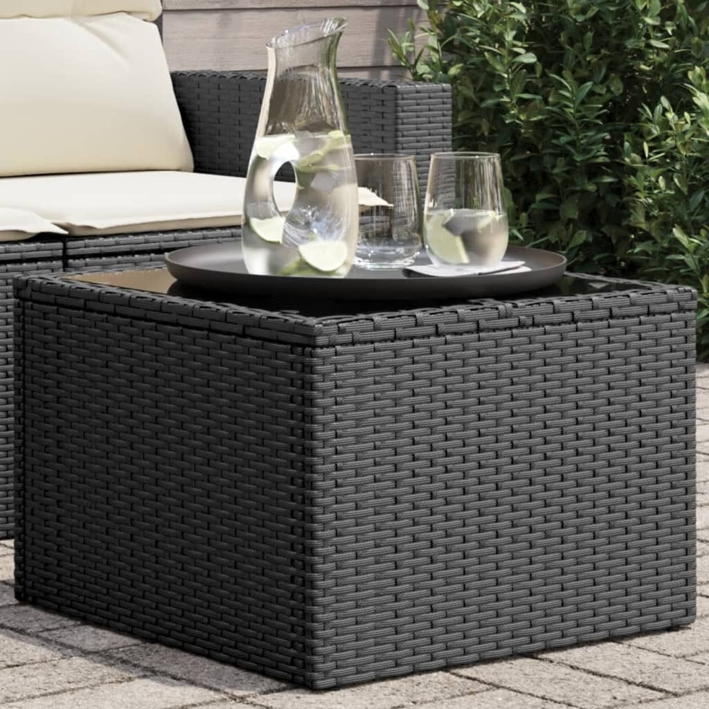 Garden Table with Glass Top Black 21.7x21.7x14.6" Poly Rattan