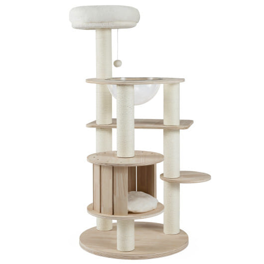 52 Inches Tall Wooden Cat Tree with Washable Plush Cushions and Multi-Level Climbing Stand