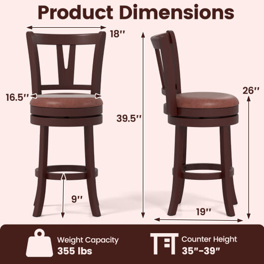 Set of 2 Counter Height Swivel Barstools with High Backs and Footrests-26 inches - Size: 26 inches
