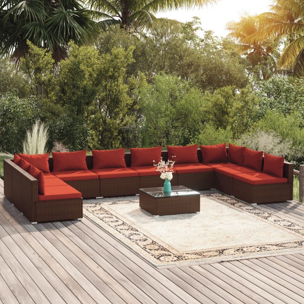 11 Piece Patio Lounge Set with Cushions Poly Rattan Brown