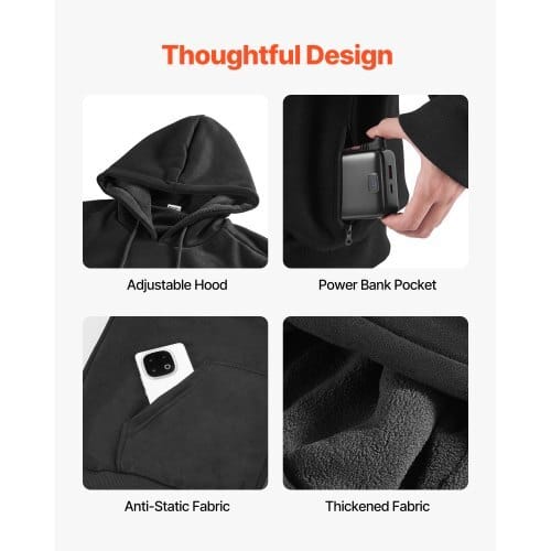 Heated Sweatshirt Hoodie for Men Women, Heated Jacket Unisex with 7.4V 16000mAh Rechargeable Power Bank Pack, 5 Heating Zones, 3 Temp Levels, 4-8H Warmth, for Winter Outdoor Camping, Black, XXL Size