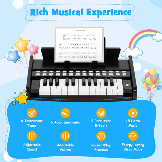 25 Keys Kids Piano Keyboard with Adjustable Speed and Volume-Black - Color: Black