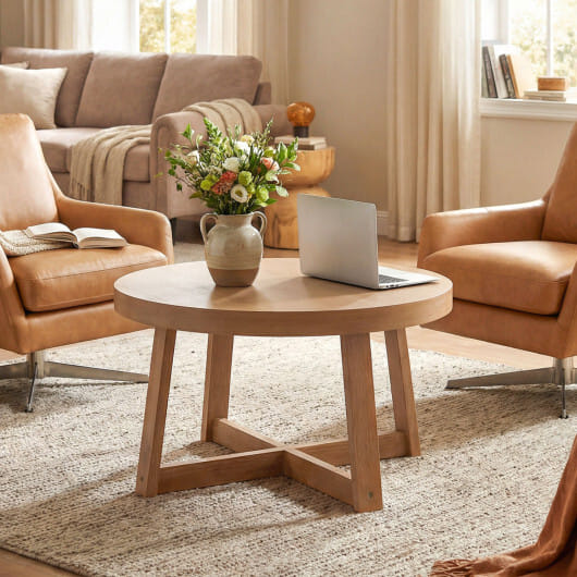 Round Coffee Table for Living Room 30 inch Farmhouse Accent Table with Study Rubber Wood Legs-Yellow - Color: Natural