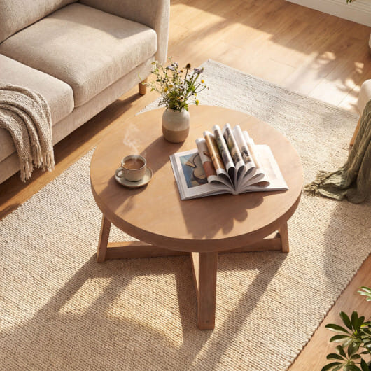 Round Coffee Table for Living Room 30 inch Farmhouse Accent Table with Study Rubber Wood Legs-Yellow - Color: Natural