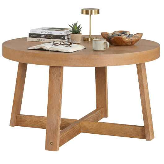 Round Coffee Table for Living Room 30 inch Farmhouse Accent Table with Study Rubber Wood Legs-Yellow - Color: Natural