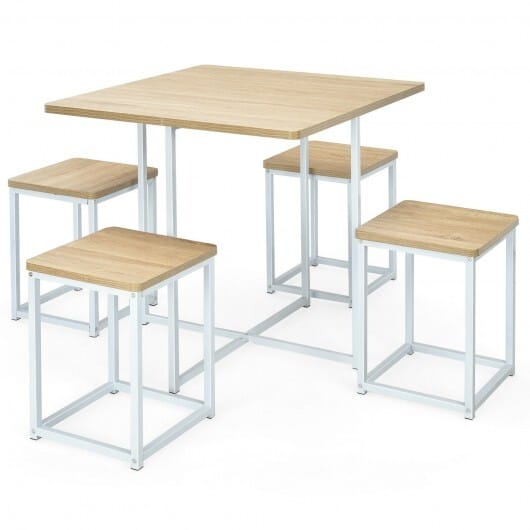 5 Pieces Metal Frame Dining Set with Compact Dining Table and 4 Stools-Natural - Color: Natural