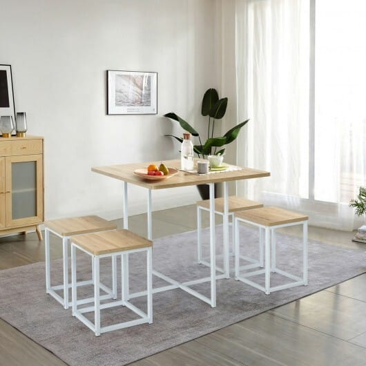 5 Pieces Metal Frame Dining Set with Compact Dining Table and 4 Stools-Natural - Color: Natural