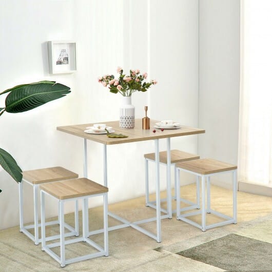 5 Pieces Metal Frame Dining Set with Compact Dining Table and 4 Stools-Natural - Color: Natural