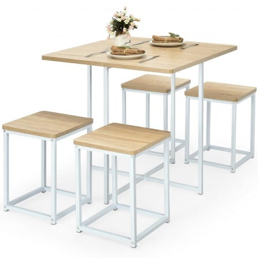 5 Pieces Metal Frame Dining Set with Compact Dining Table and 4 Stools-Natural - Color: Natural