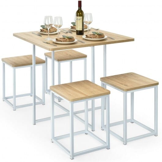 5 Pieces Metal Frame Dining Set with Compact Dining Table and 4 Stools-Natural - Color: Natural