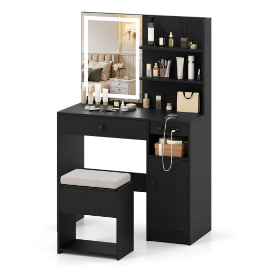 Vanity Desk with Mirror and Lights-Black - Color: Black