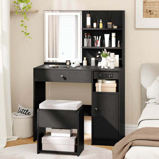 Vanity Desk with Mirror and Lights-Black - Color: Black