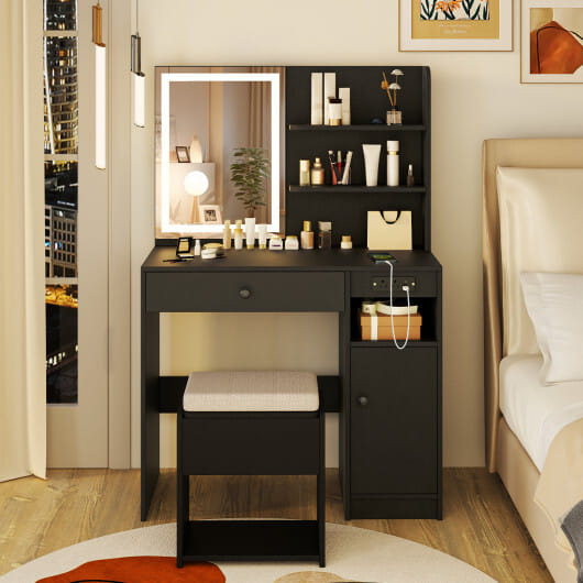 Vanity Desk with Mirror and Lights-Black - Color: Black