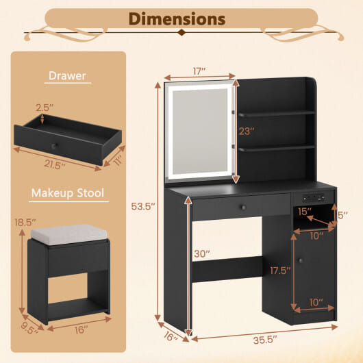 Vanity Desk with Mirror and Lights-Black - Color: Black
