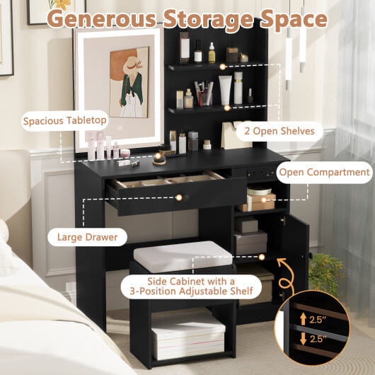Vanity Desk with Mirror and Lights-Black - Color: Black