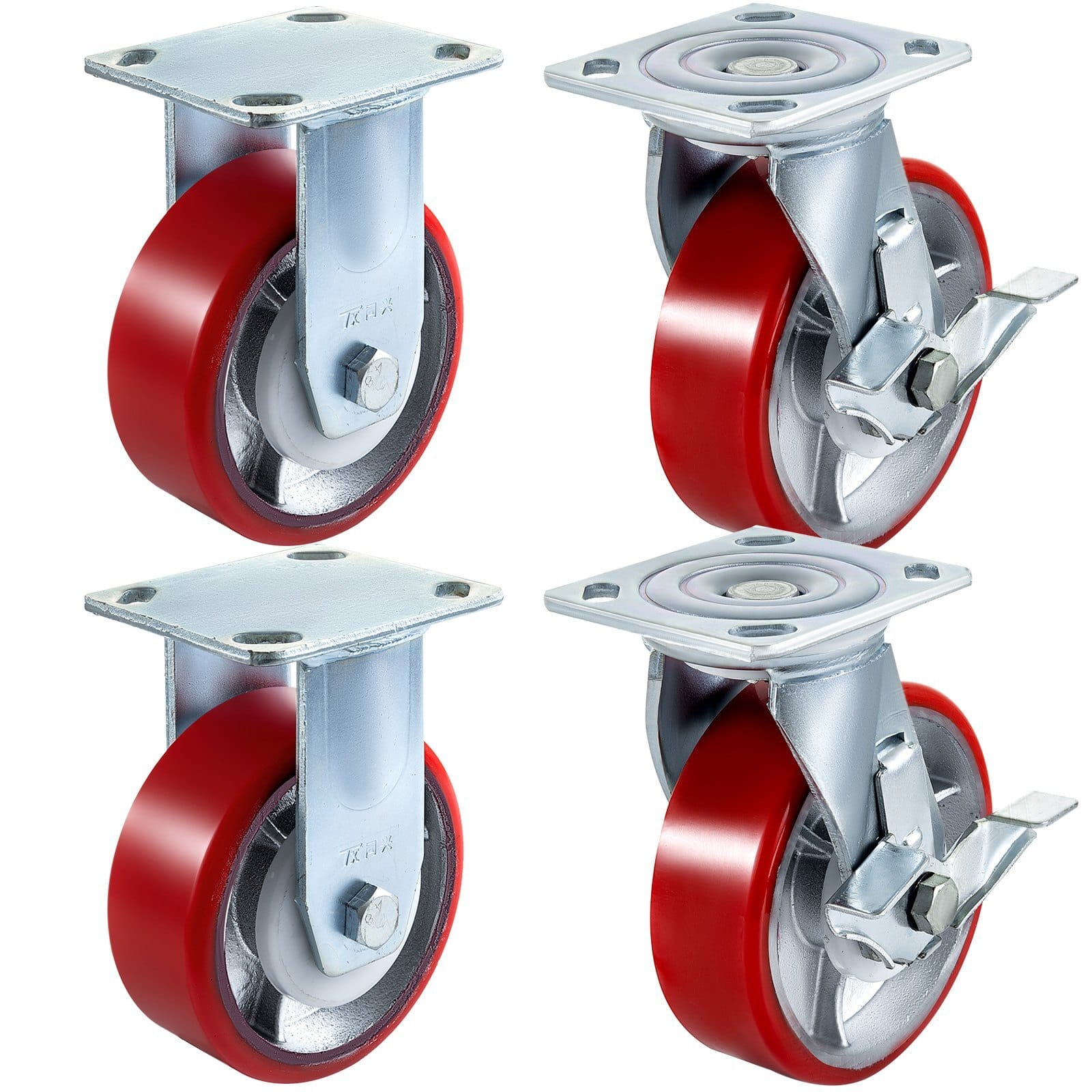 4 Pack 6 x 2 Inch Caster Wheels 2 Rigid and 2 Swivel Casters with Side Brake Polyurethane Iron Core Plate 1000LBS Capacity Per Wheel