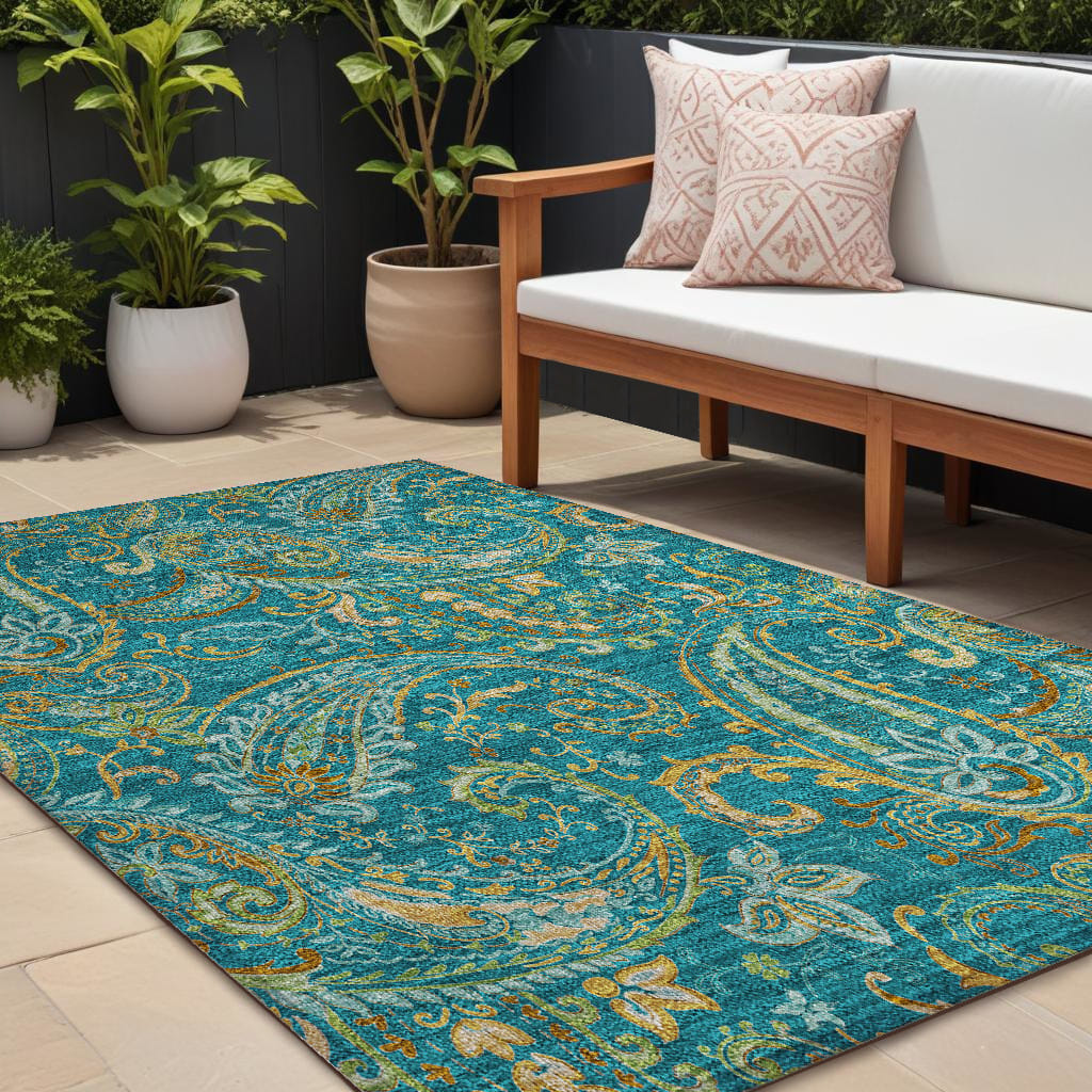 10' X 14' Teal Paisley Washable Non Skid Indoor Outdoor Area Rug