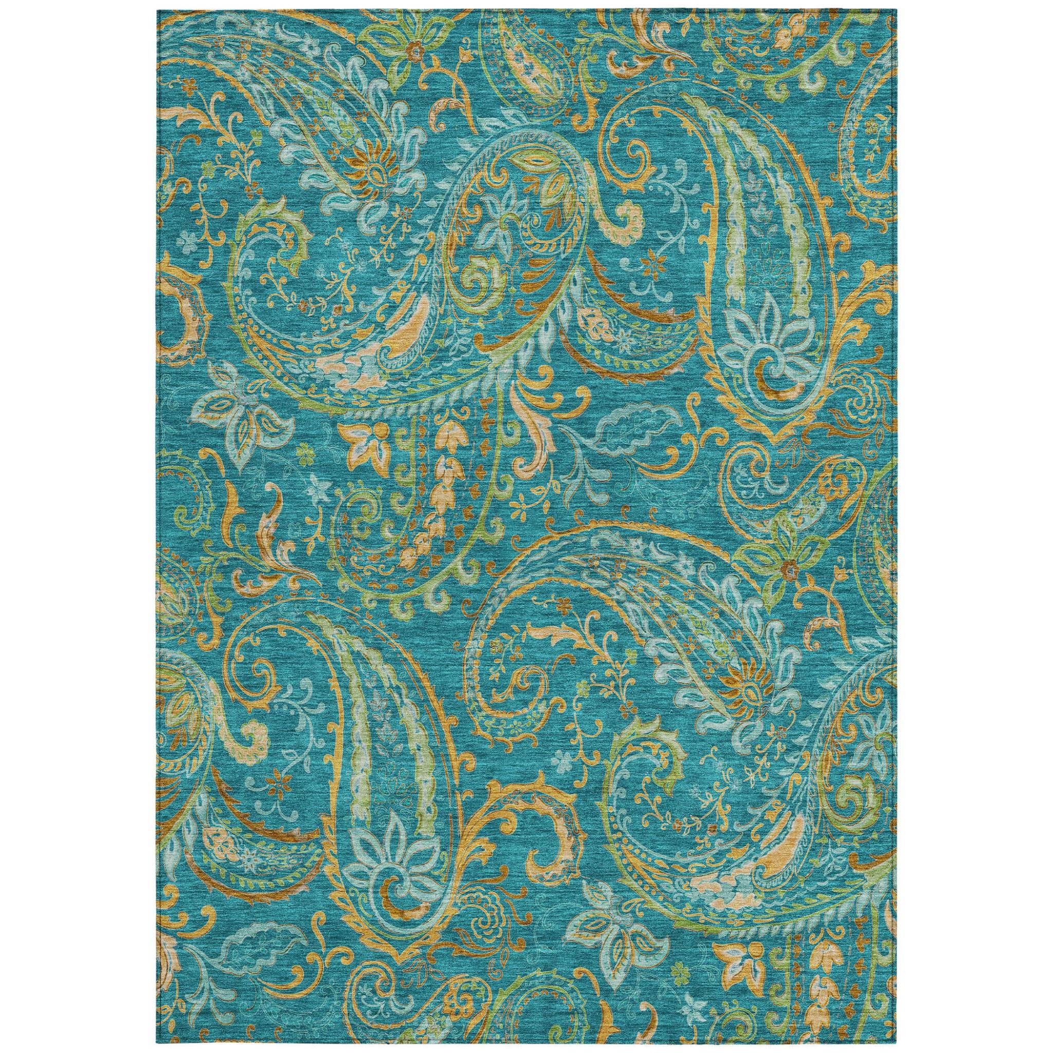 10' X 14' Teal Paisley Washable Non Skid Indoor Outdoor Area Rug
