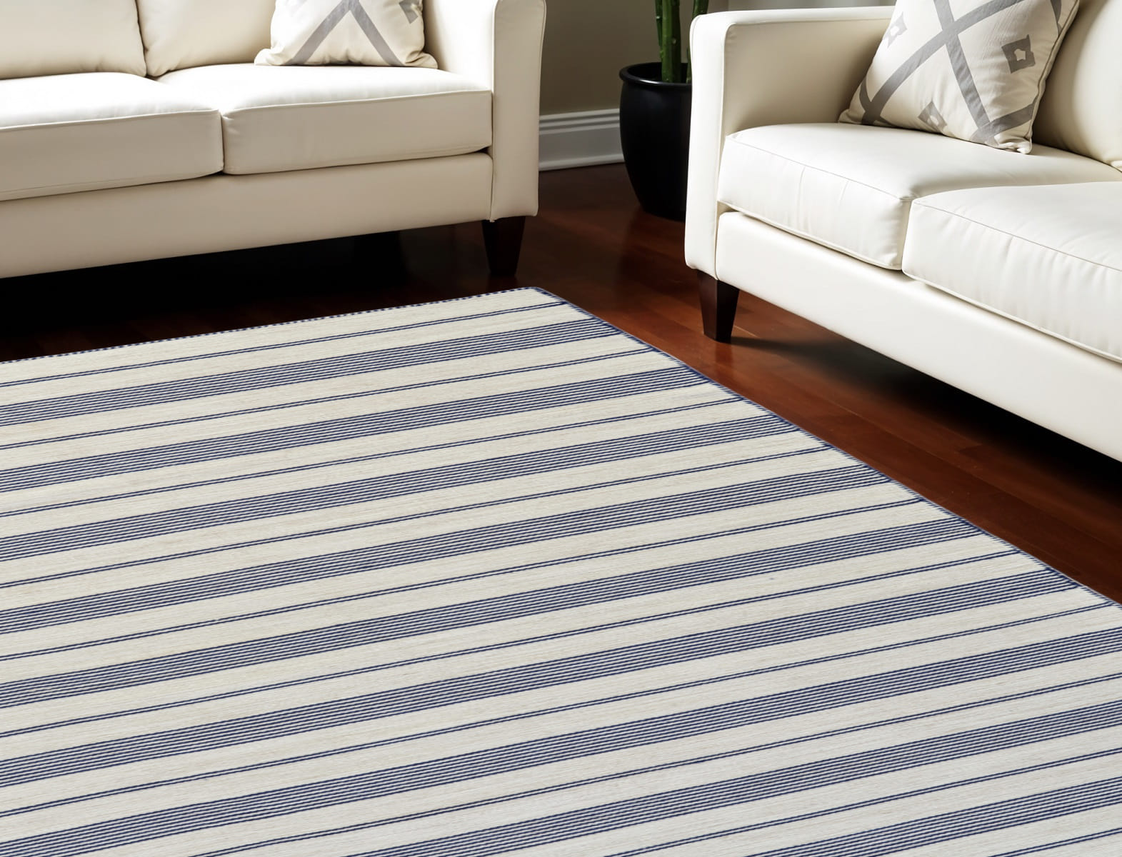 10' X 14' Ivory and Blue Striped Hand Woven Area Rug