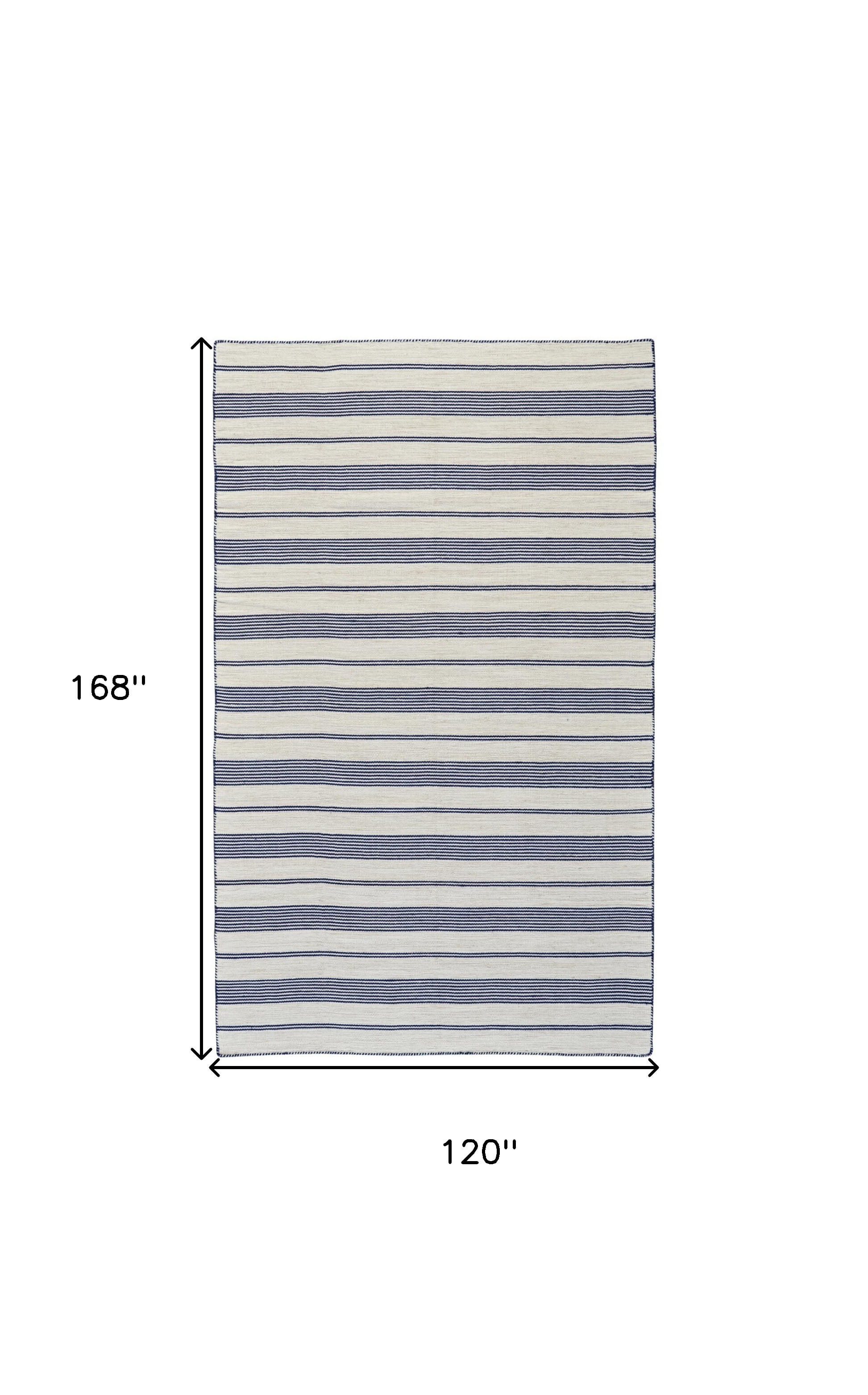 10' X 14' Ivory and Blue Striped Hand Woven Area Rug