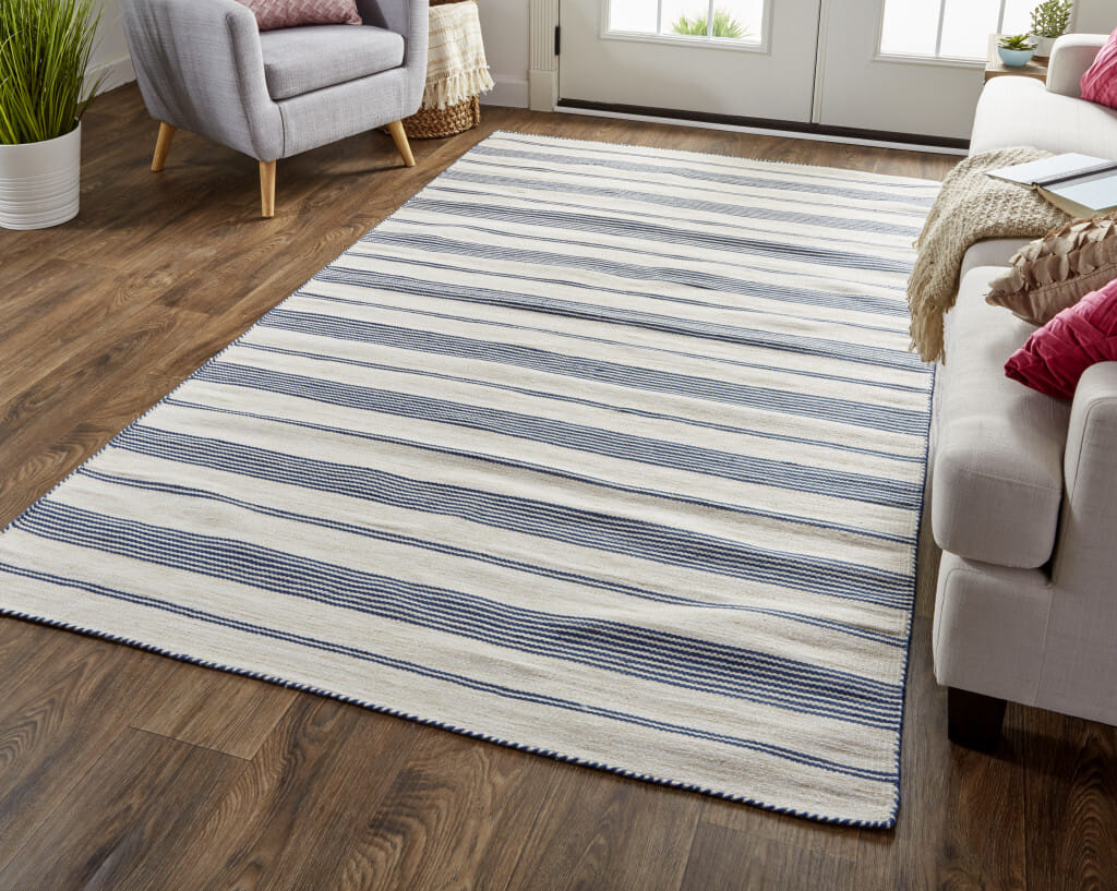 10' X 14' Ivory and Blue Striped Hand Woven Area Rug