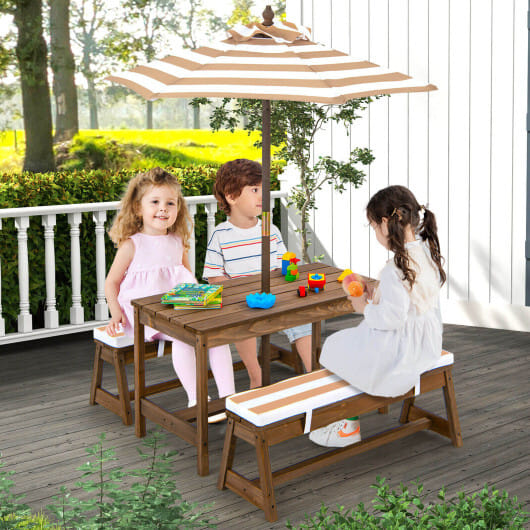 Kids Picnic Table and Bench Set with Cushions and Height Adjustable Umbrella-Brown - Color: Brown