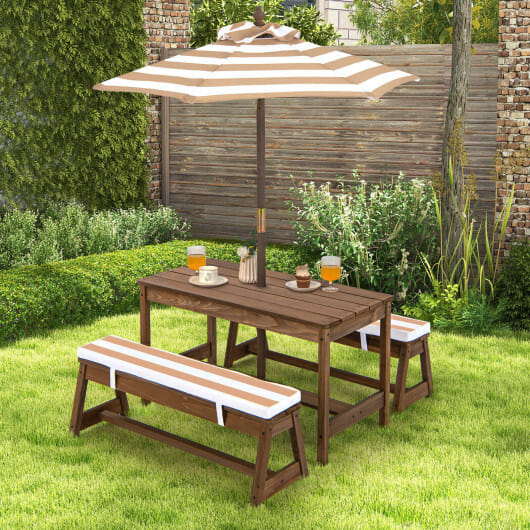 Kids Picnic Table and Bench Set with Cushions and Height Adjustable Umbrella-Brown - Color: Brown