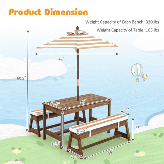 Kids Picnic Table and Bench Set with Cushions and Height Adjustable Umbrella-Brown - Color: Brown