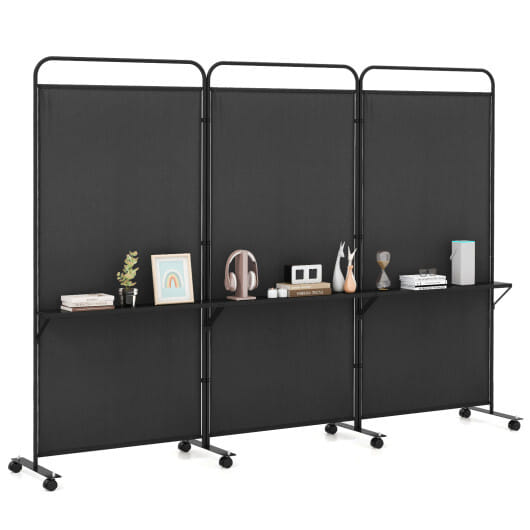 3-Panel Folding Room Divider with 3 Metal Shelves and Lockable Wheels-Black - Color: Black