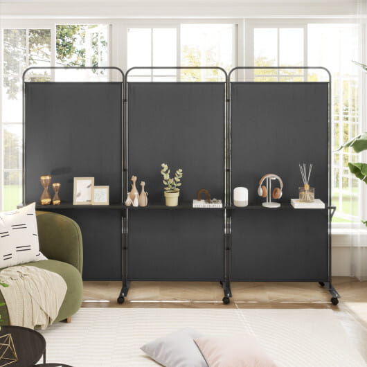 3-Panel Folding Room Divider with 3 Metal Shelves and Lockable Wheels-Black - Color: Black