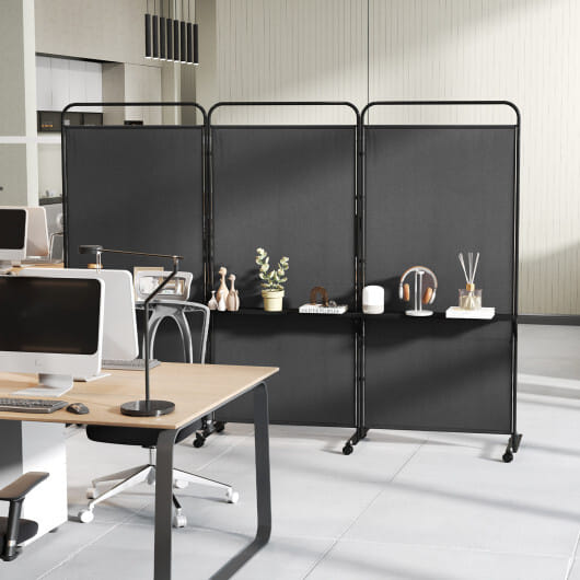 3-Panel Folding Room Divider with 3 Metal Shelves and Lockable Wheels-Black - Color: Black