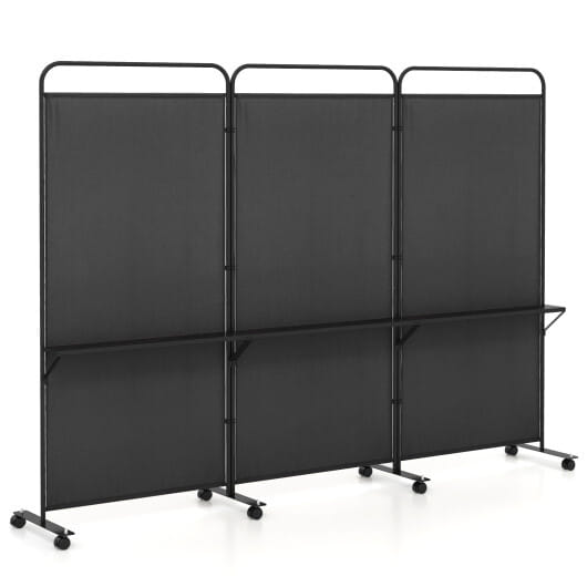 3-Panel Folding Room Divider with 3 Metal Shelves and Lockable Wheels-Black - Color: Black