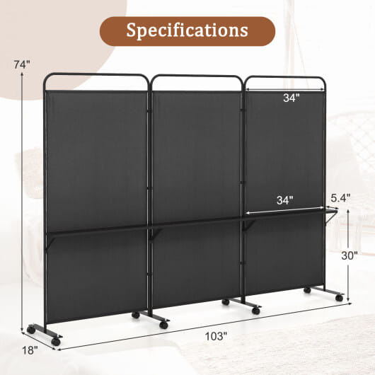 3-Panel Folding Room Divider with 3 Metal Shelves and Lockable Wheels-Black - Color: Black