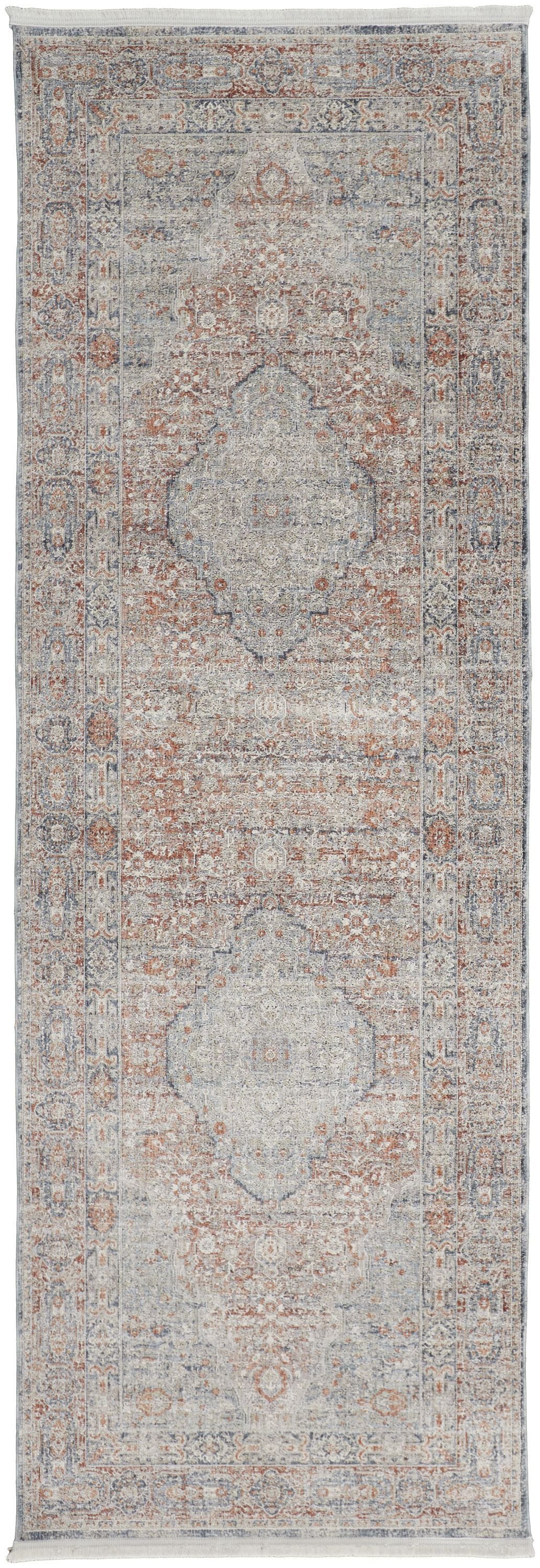 12' Gray Ivory and Orange Oriental Power Loom Worn Faded Runner Rug With Fringe