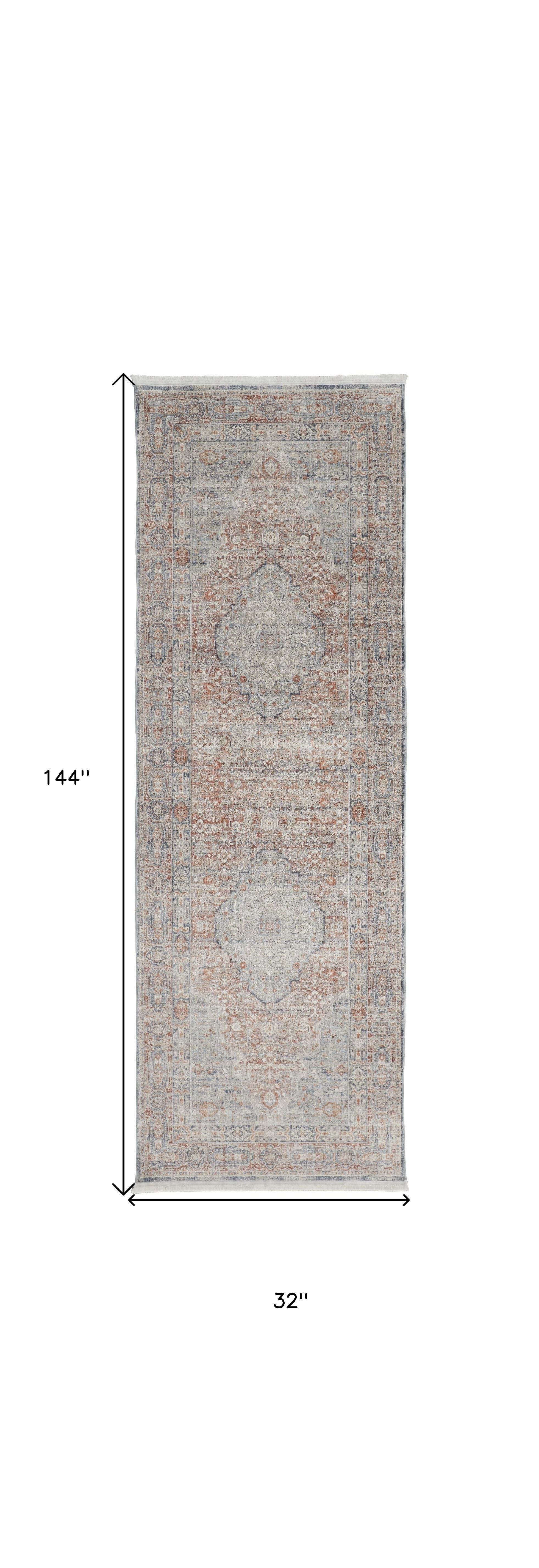 12' Gray Ivory and Orange Oriental Power Loom Worn Faded Runner Rug With Fringe