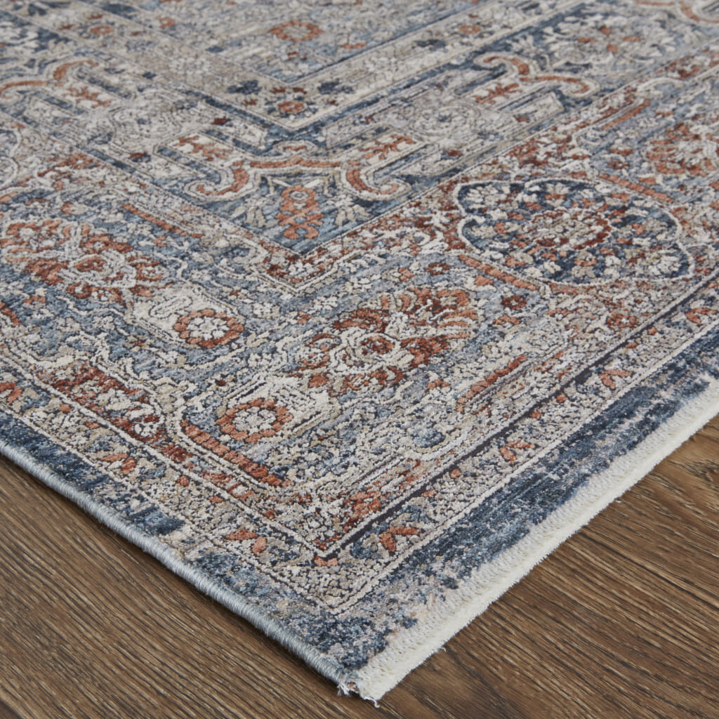 12' Gray Ivory and Orange Oriental Power Loom Worn Faded Runner Rug With Fringe