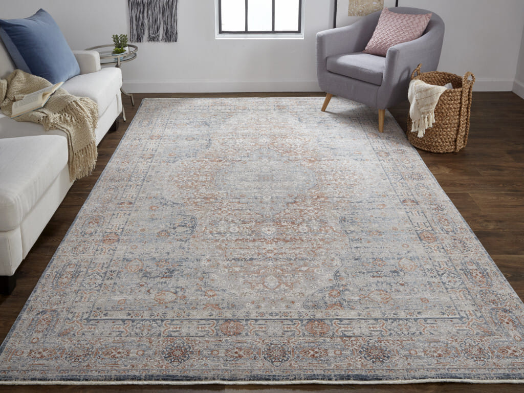 12' Gray Ivory and Orange Oriental Power Loom Worn Faded Runner Rug With Fringe