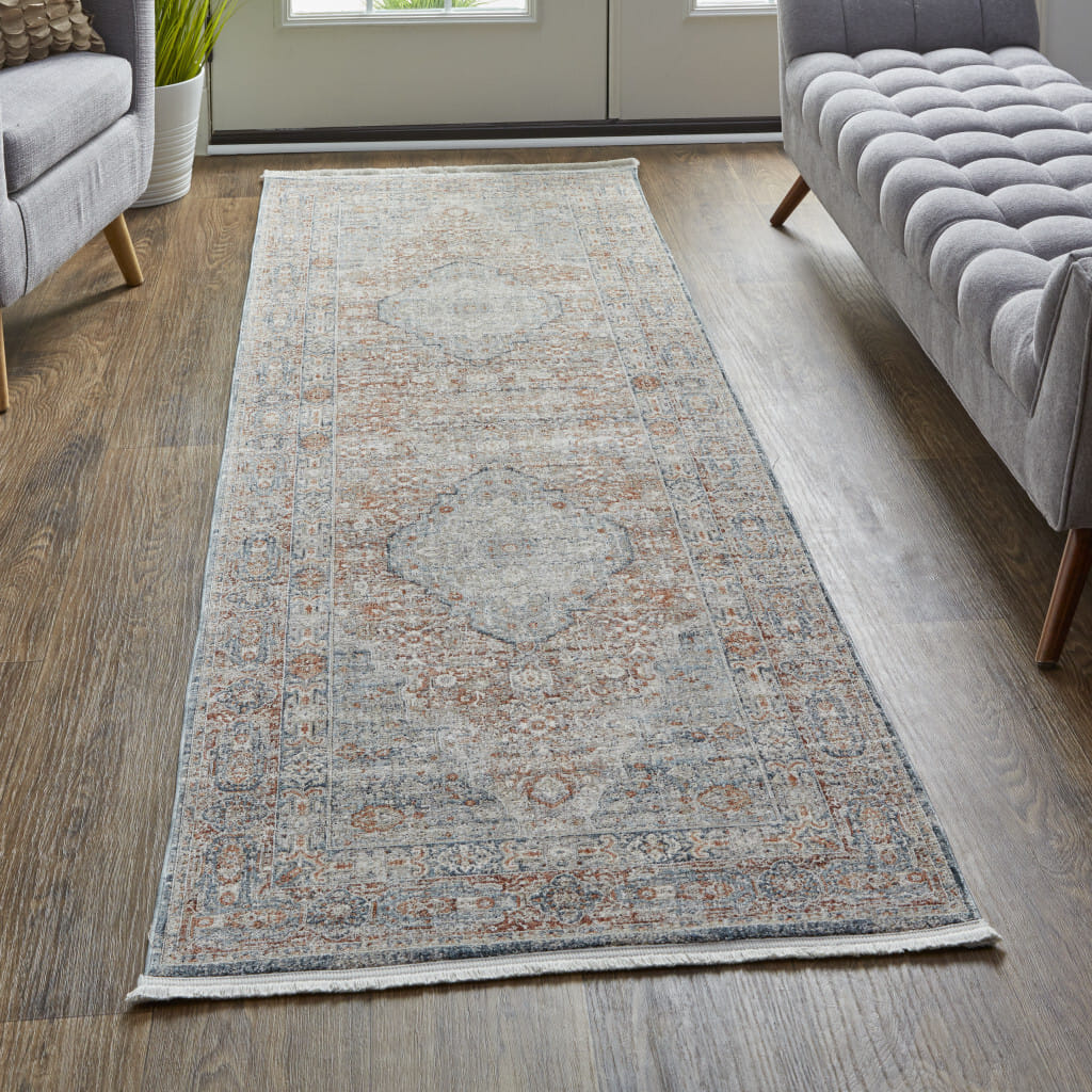 12' Gray Ivory and Orange Oriental Power Loom Worn Faded Runner Rug With Fringe