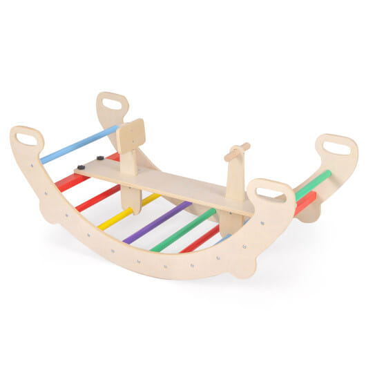 4-in-1 Multifunctional Wooden Climbing Toys with Rocker and Crawling Tunnel-Multicolor - Color: Multicolor
