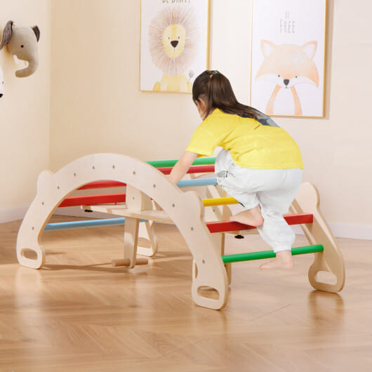 4-in-1 Multifunctional Wooden Climbing Toys with Rocker and Crawling Tunnel-Multicolor - Color: Multicolor
