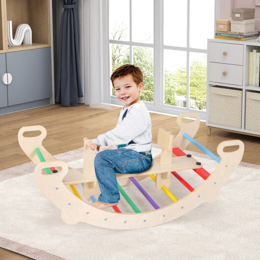 4-in-1 Multifunctional Wooden Climbing Toys with Rocker and Crawling Tunnel-Multicolor - Color: Multicolor