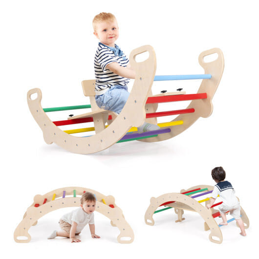 4-in-1 Multifunctional Wooden Climbing Toys with Rocker and Crawling Tunnel-Multicolor - Color: Multicolor