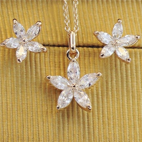 Crystal Five Petals Flower 18k Rose Gold Plated Necklace and Earrings Set