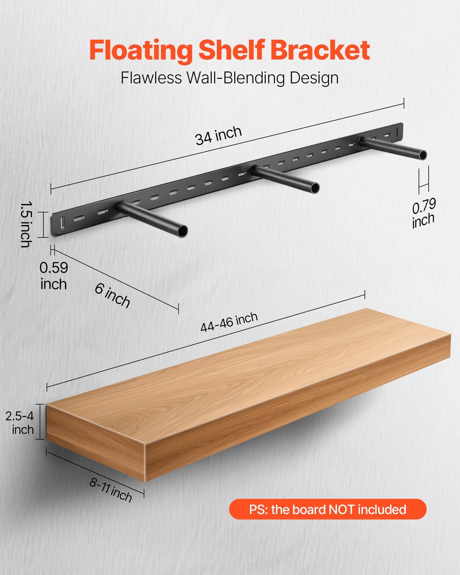 Floating Shelf Bracket 1 Pack, 190 lbs/86 kg Weight Capacity, 34x6.2x1.5 inch / 863.6x157.4x38.1 mm, Heavy Duty Hidden Shelf Brackets Support, Wall Mounting Invisible Floating Shelves Bracket