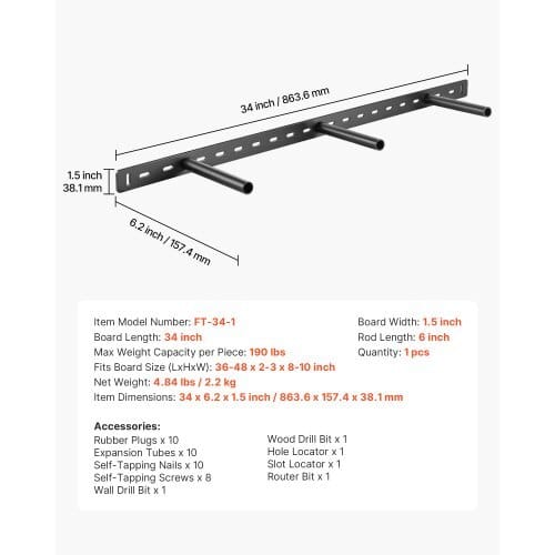 Floating Shelf Bracket 1 Pack, 190 lbs/86 kg Weight Capacity, 34x6.2x1.5 inch / 863.6x157.4x38.1 mm, Heavy Duty Hidden Shelf Brackets Support, Wall Mounting Invisible Floating Shelves Bracket