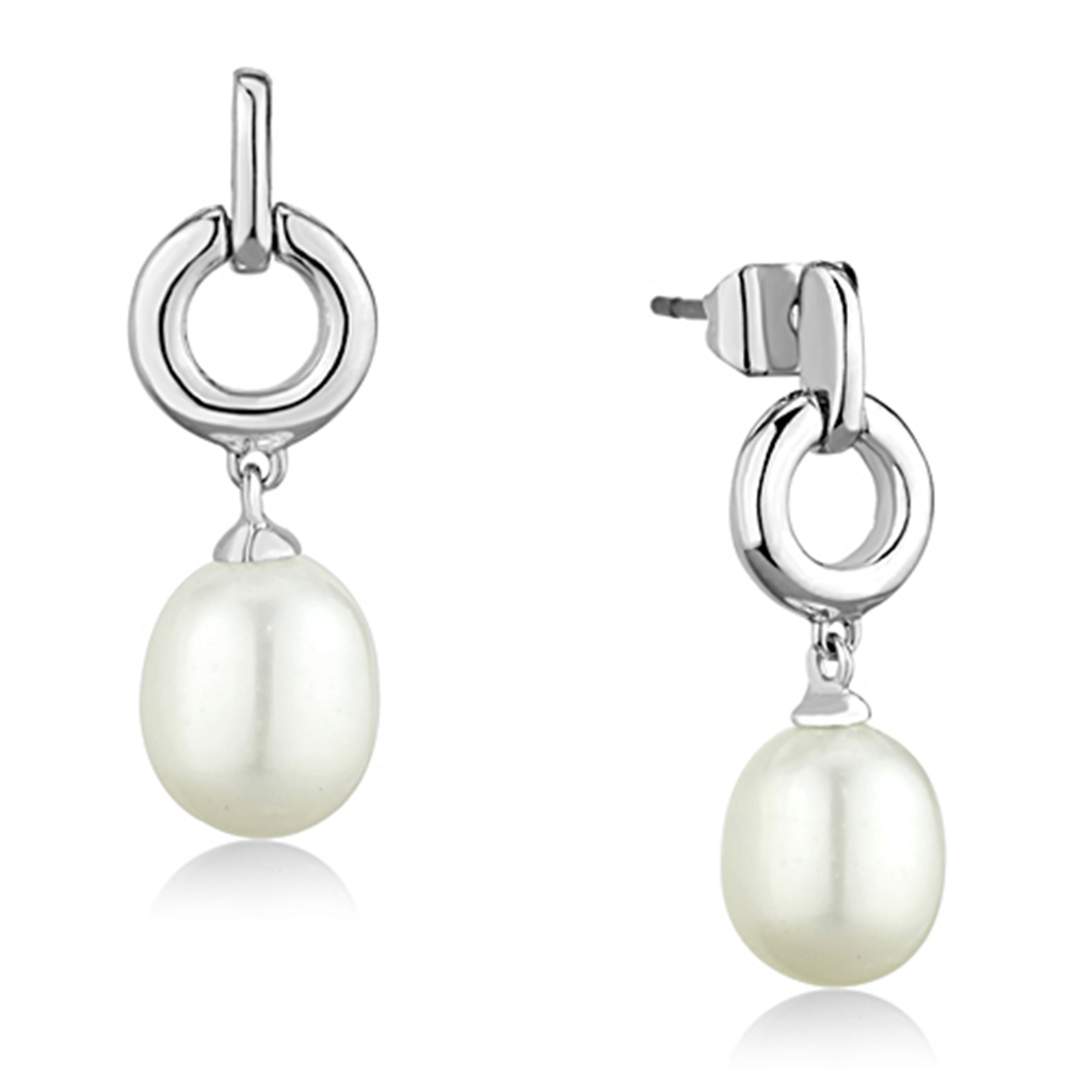 3W684 - Rhodium Brass Earrings with Synthetic Pearl in White