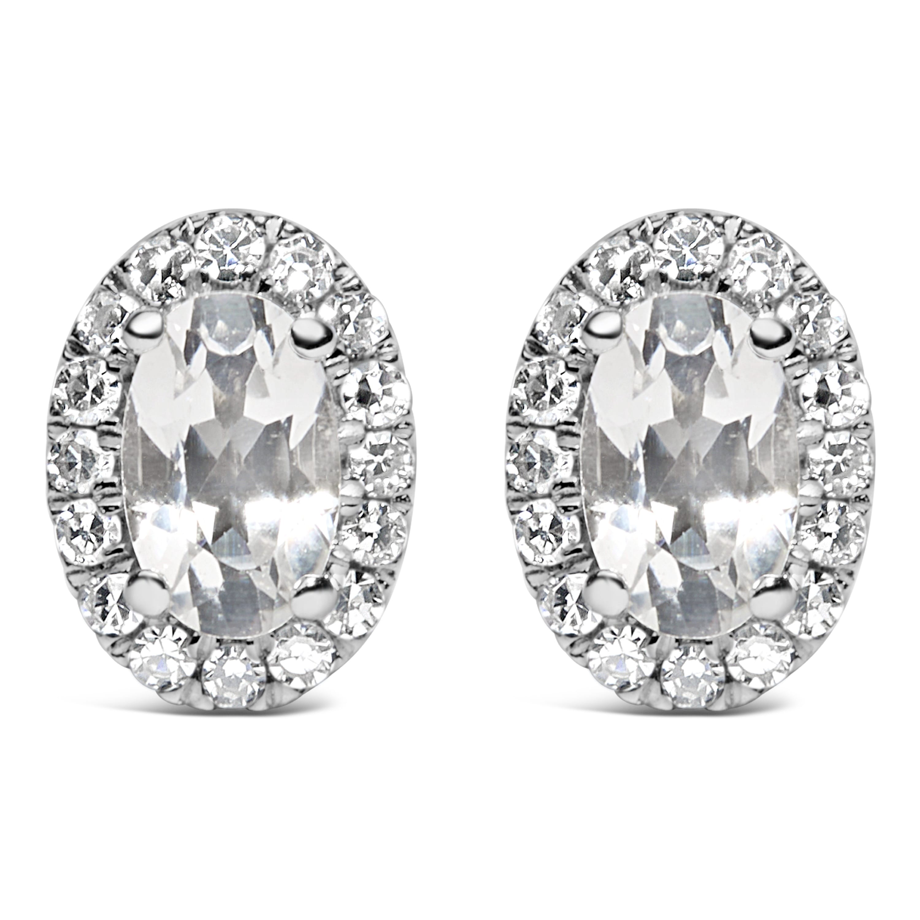 10K White Gold 5x3 MM Oval White Topaz and Diamond Halo Stud Earrings (I-J Color, I1-I2 Clarity)