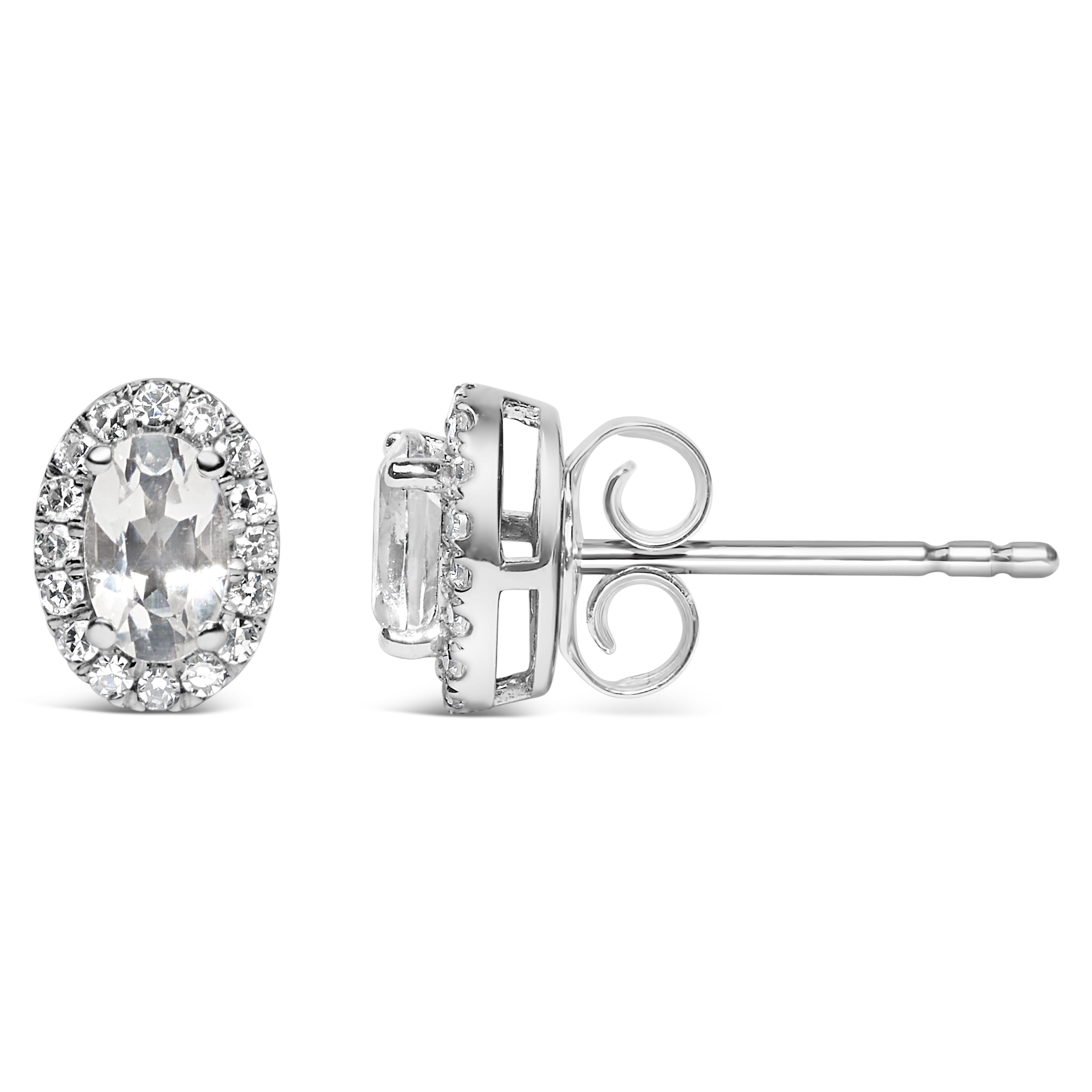 10K White Gold 5x3 MM Oval White Topaz and Diamond Halo Stud Earrings (I-J Color, I1-I2 Clarity)