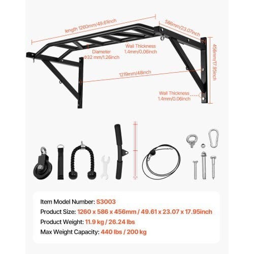 Pull Up Bar, Multi-Grip Wall Mounted Pull Ups, 50 in Width Multifunctional Chin Up Training Station, Heavy Duty Steel Upper Body Workout Bars with LAT Pulldown Attachments, 440 lbs, for Home Gym
